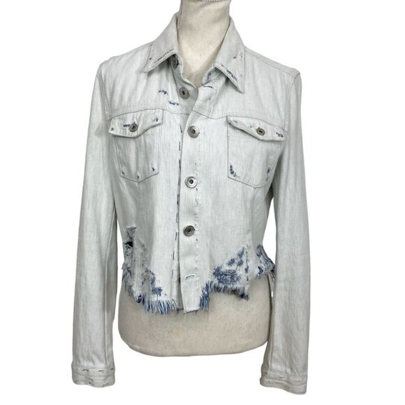 THEYSKENS' THEORY JENJA LIGHT WASH DISTRESSED CROPPED DENIM JACKET - 6 - Picture 1 of 10